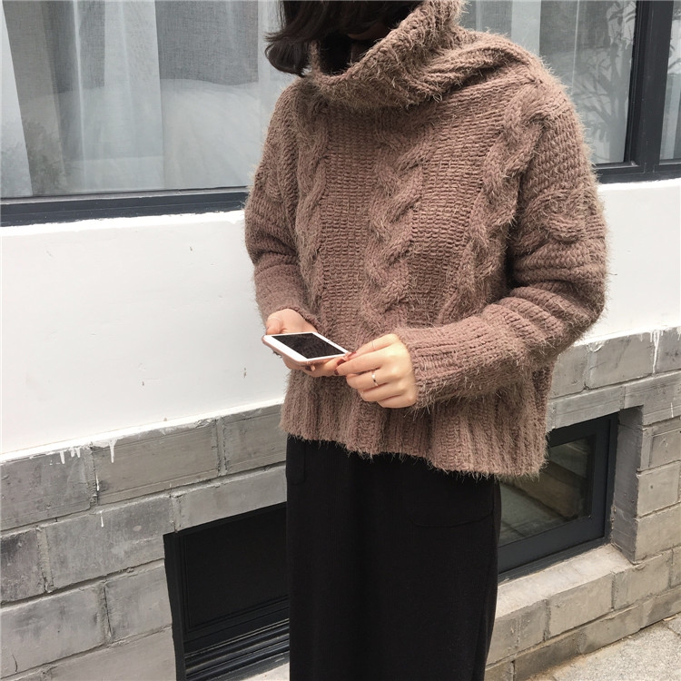 韓國秋冬馬海毛高領寬松粗棒針織純色麻花套頭保暖毛線毛衣女