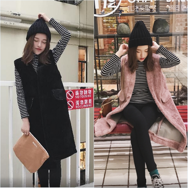 冬款韓國大口袋百搭無袖中長款馬夾毛毛加厚保暖學生外套女