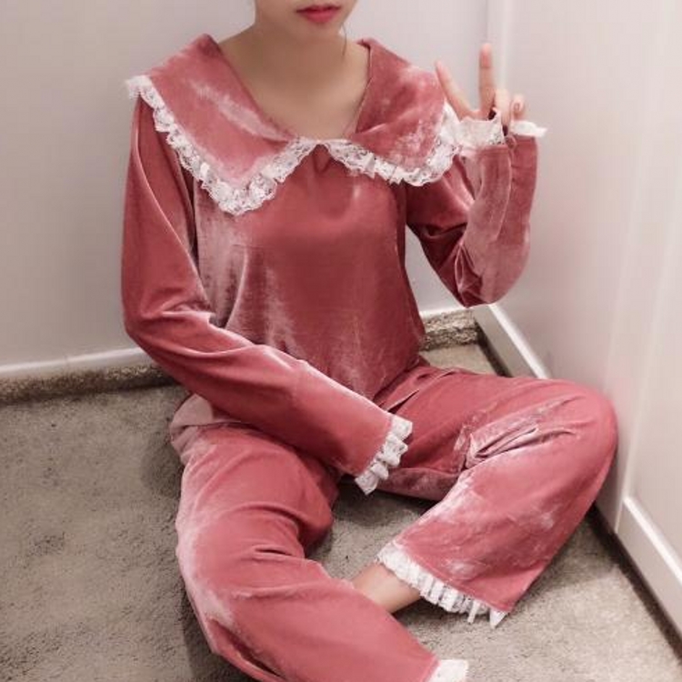 韓國秋冬款小浪漫金絲絨蕾絲花邊娃娃領睡衣睡褲家居服套裝女