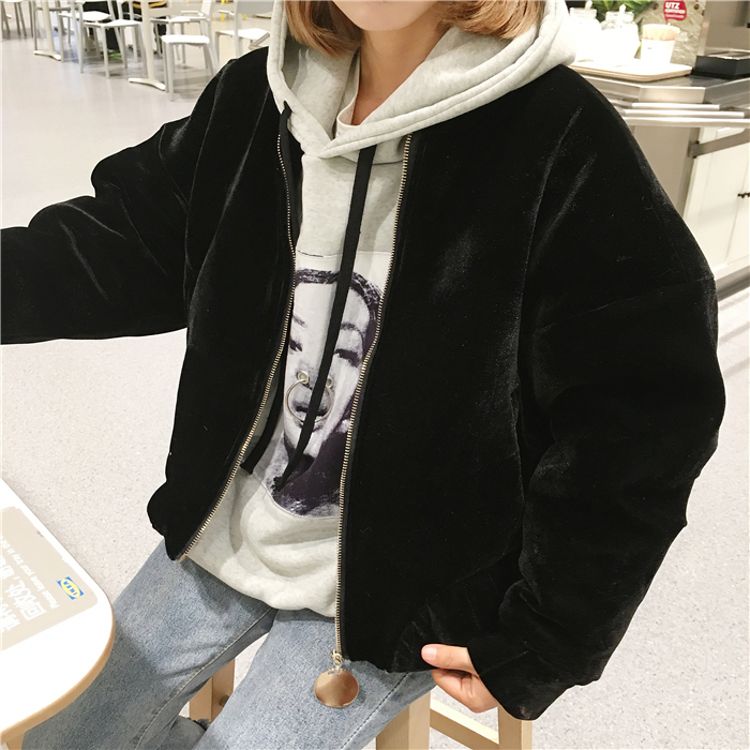 韓國冬款復古氣質拉鏈修身顯瘦金絲絨短款夾棉加厚長袖外套女