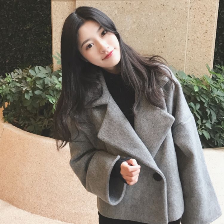韓國冬款氣質翻領一粒扣短款寬松百搭加厚學生毛呢外套大衣女