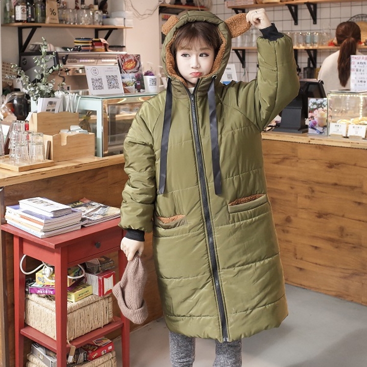 韓國學院風冬款可愛耳朵連帽中長款棉服保暖棉衣外套女棉襖