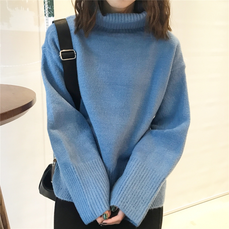 韓國學院風秋冬款寬松百搭高領加厚長袖套頭螺紋針織衫毛衣女