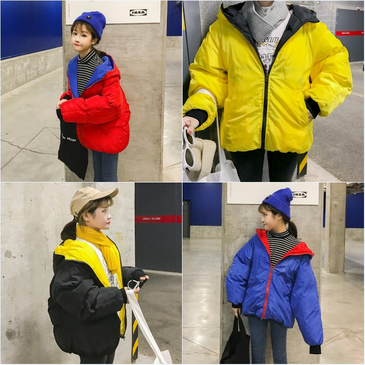 冬款韓國學院風兩面穿寬松加厚棉服短款保暖連帽棉衣外套女