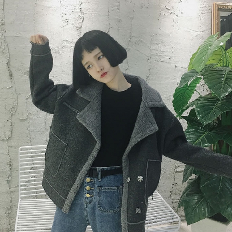 韓國oversize冬款西裝領雙口袋裝飾加厚毛呢復合羊羔毛外套女