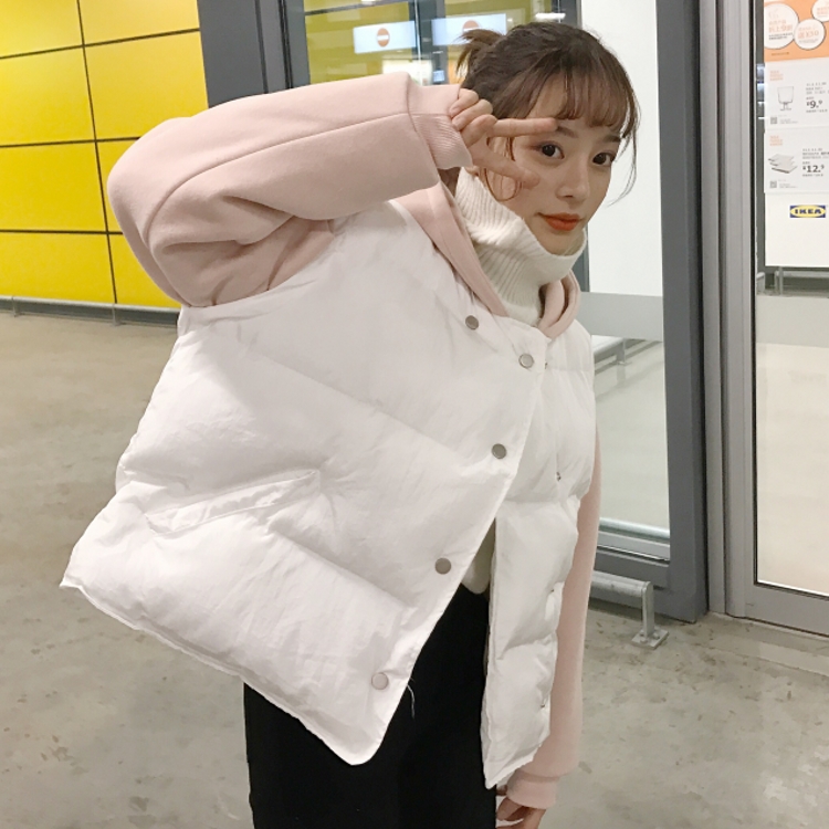 韓國學院風冬款撞色連帽假兩件套保暖加厚棉衣棉服外套女棉襖
