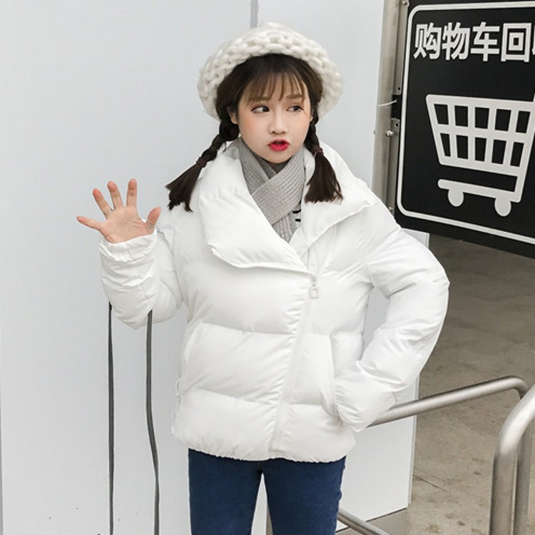 冬款韓國學院風立領斜拉鏈口袋修身面包服純色保暖棉衣棉服女