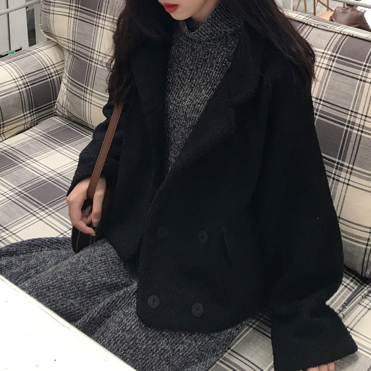 韓國chic冬款黑色皮毛一體雙排扣短款加厚寬松保暖毛絨外套女