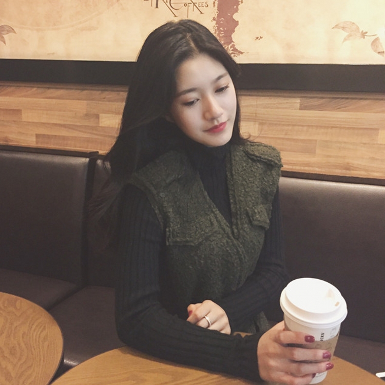 韓國chic冬款毛呢馬甲系帶背心+黑色螺紋打底毛線毛衣套裝女