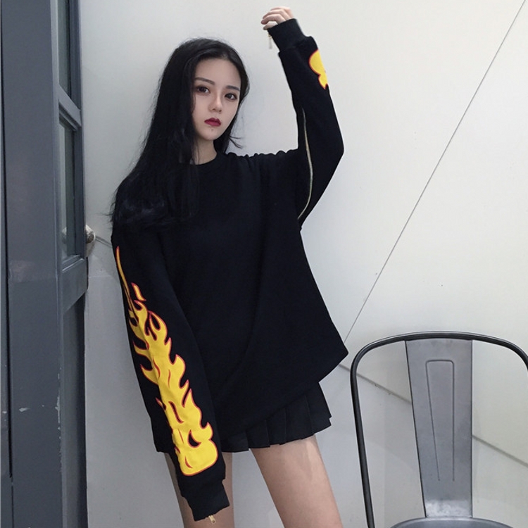 冬款韓國chic風寬松顯瘦套頭火焰拉鏈長袖圓領黑色學生衛衣女