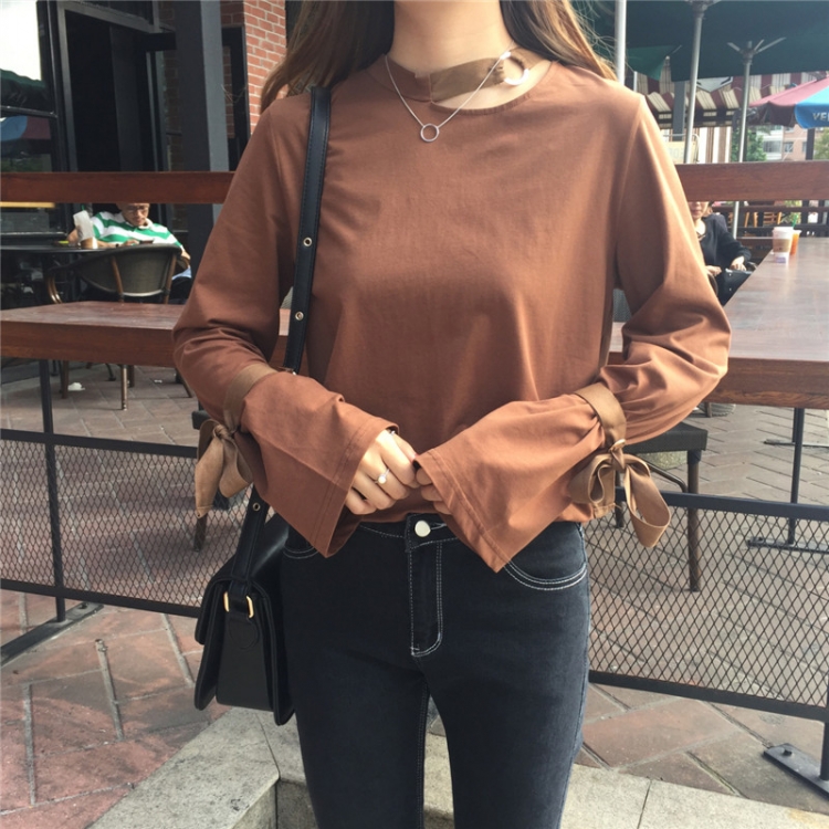 秋冬韓國設計感chic金屬圓環個性喇叭袖系帶套頭打底衫T恤女