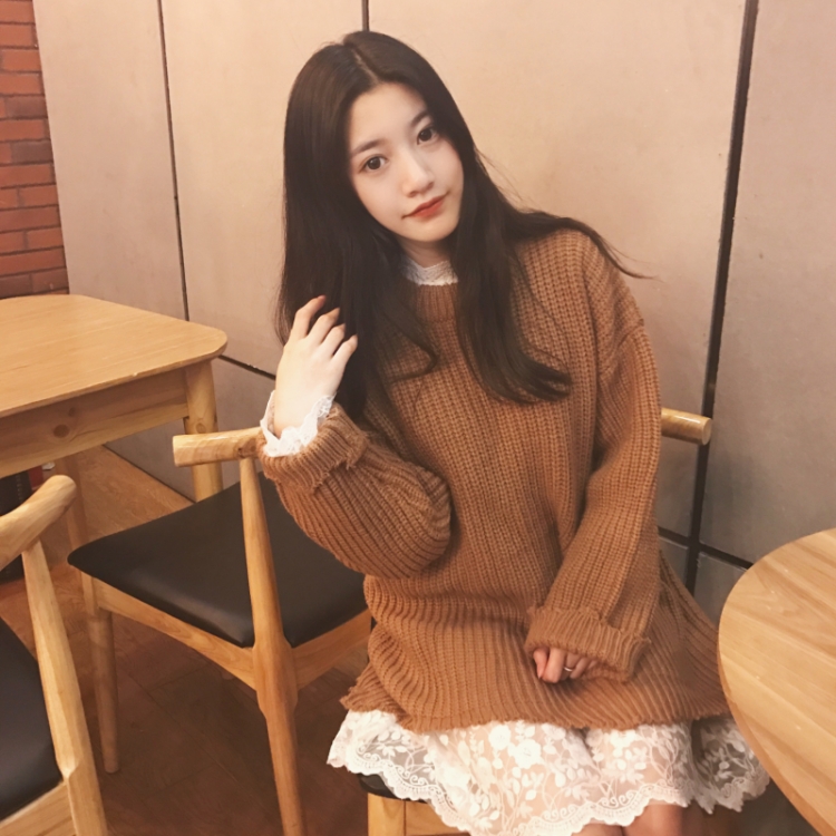 韓國chic秋冬加厚摻線姜黃色套頭毛衣+白色蕾絲打底裙套裝女