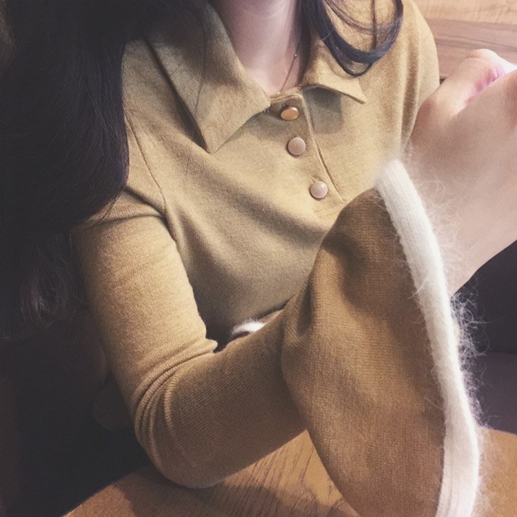 秋冬款韓國chic修身顯瘦翻領包邊喇叭袖套頭打底衫T恤上衣女