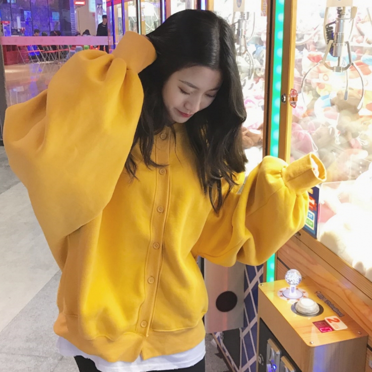 韓國甜美學院風秋冬寬松百搭黃色開衫泡泡袖休閑棒球服衛衣女