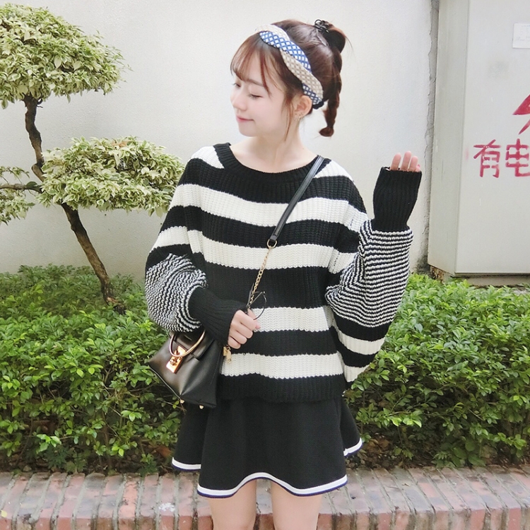 韓國學院風冬款百搭條紋寬松個性粗針套頭蝙蝠袖毛線毛衣女