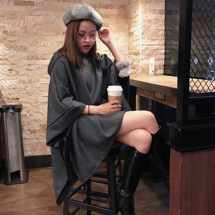 韓國秋冬款個性百搭寬松大碼連帽披肩斗篷蝙蝠衫外套女罩衫