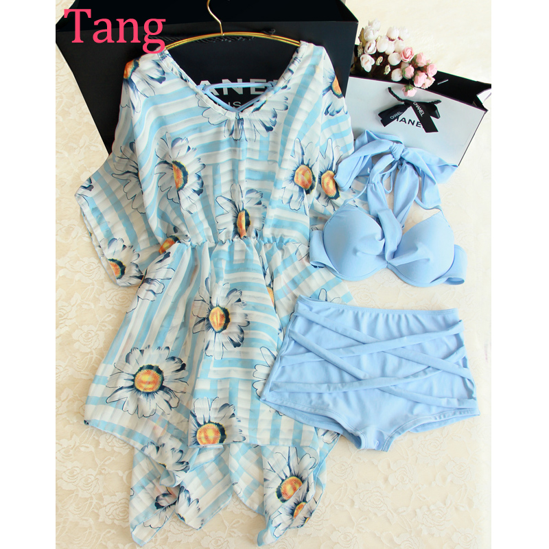 時尚新款可愛韓版設計印花朵泳衣雪紡罩衫藍色比基尼三件套泳裝女