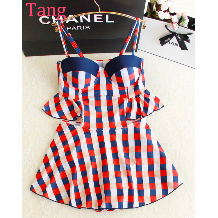 韓國時尚新款可愛連體泳衣女小胸聚攏遮肚顯瘦游泳裝紅白藍色格子