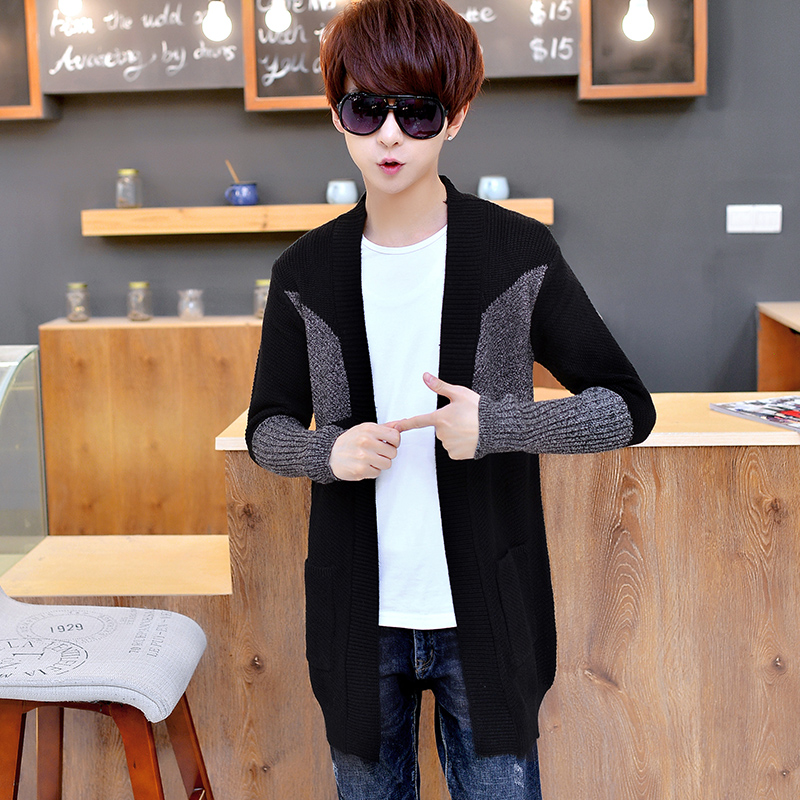秋季韓版中學生男裝修身開衫毛衣薄款針織衫青少年中長款風衣外套