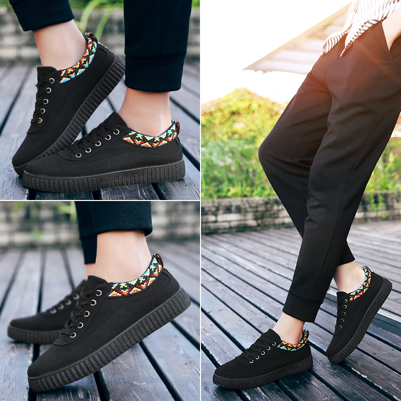 新款鞋子男韓版潮流休閑布鞋透氣學生板鞋系帶黑色潮鞋低幫鞋